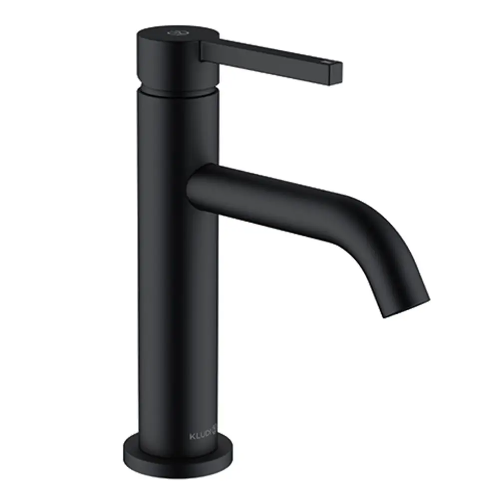 Kludi-Waschtischarmatur in mattschwarz ohne Ablaufgarnitur. Mit einem schlichten Design und einem einzelnen Hebelgriff zur Steuerung des Wasserflusses.
